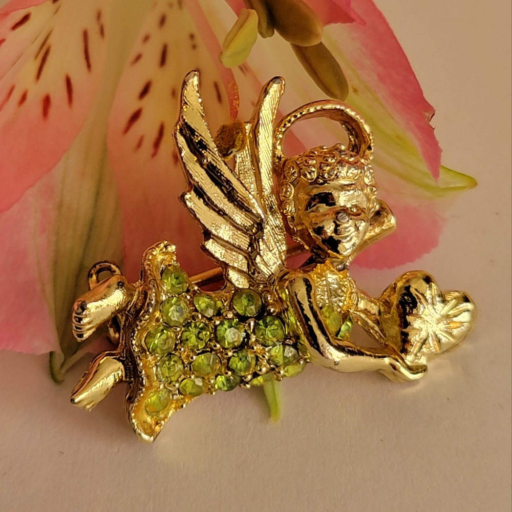 Vintage angel pin with green crystals gold tone metal cherub brooch halo